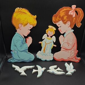 Vintage 1950s Pressed Cardboard Wall Art Girl & Boy Praying Wall Hanging Nursery